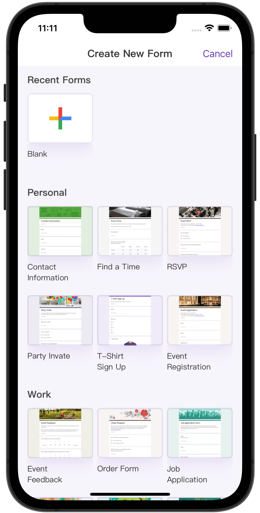 Create new forms screen